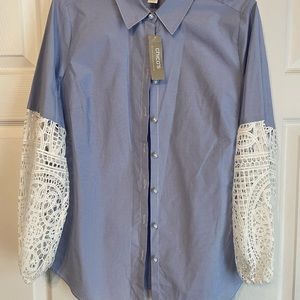 Chicos Lace Sleeve Blue White Shirt Size 1 NWT